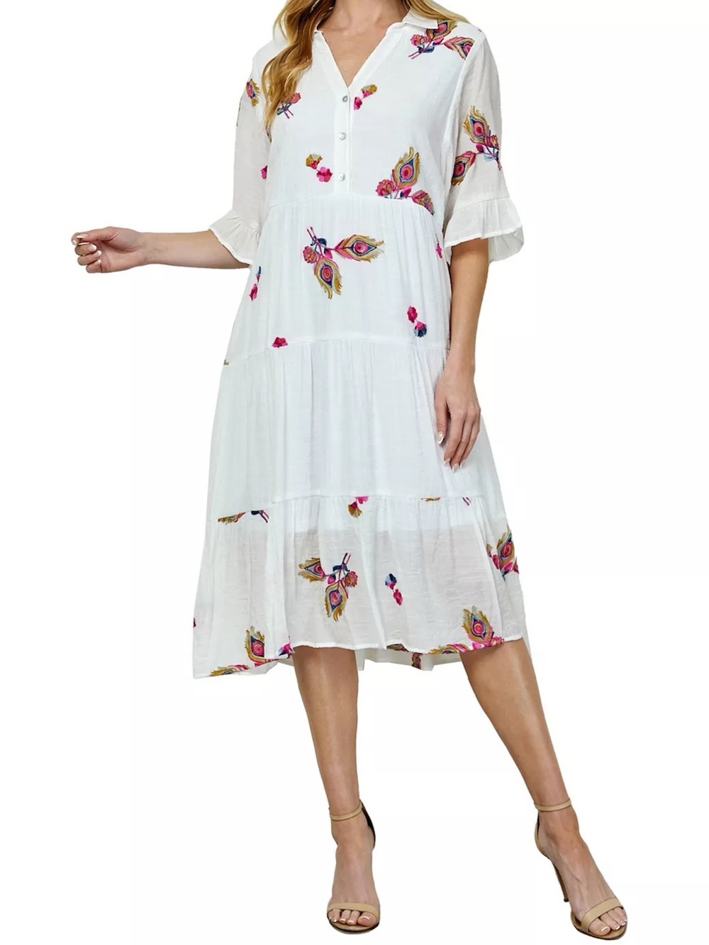 Figueroa & Flower XL white floral embroidered tiered dress